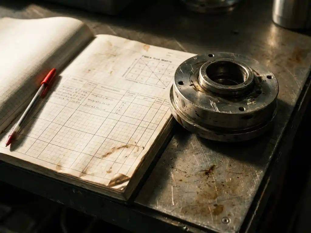 Worn engineering notebook open to a half-completed FMEA risk matrix beside a magnetic drive component showing wear marks, red pen left mid-entry.