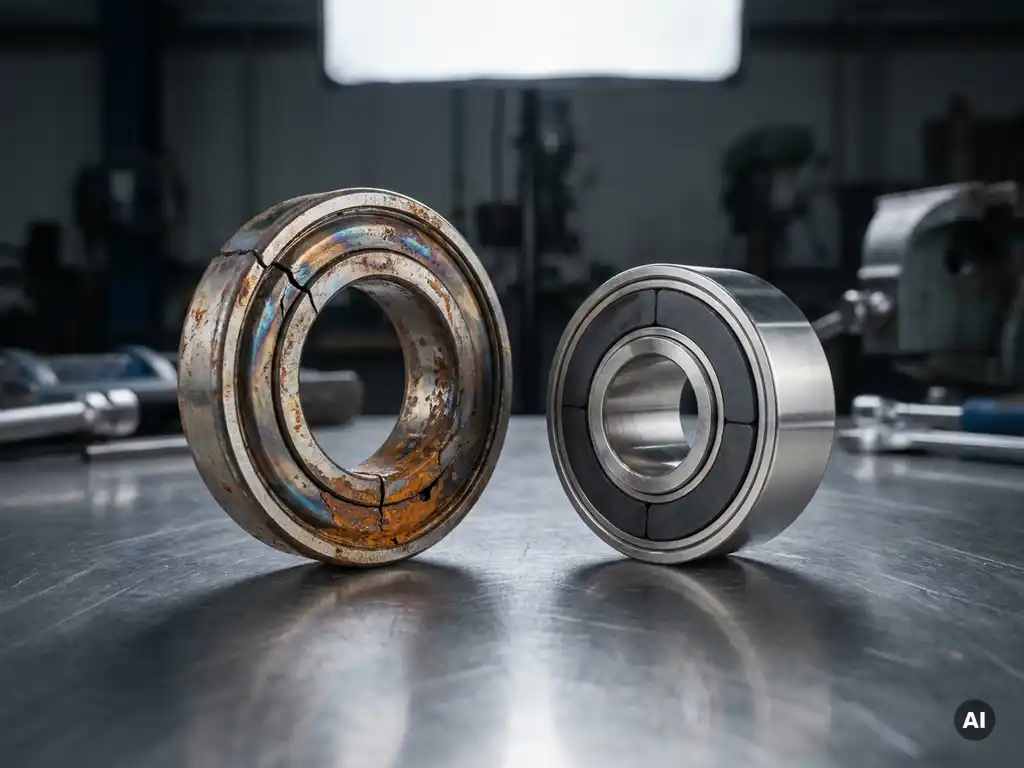 Cracked industrial bearing split open on a steel workbench, showing metal fatigue and heat discoloration beside a pristine magnetic coupling component.