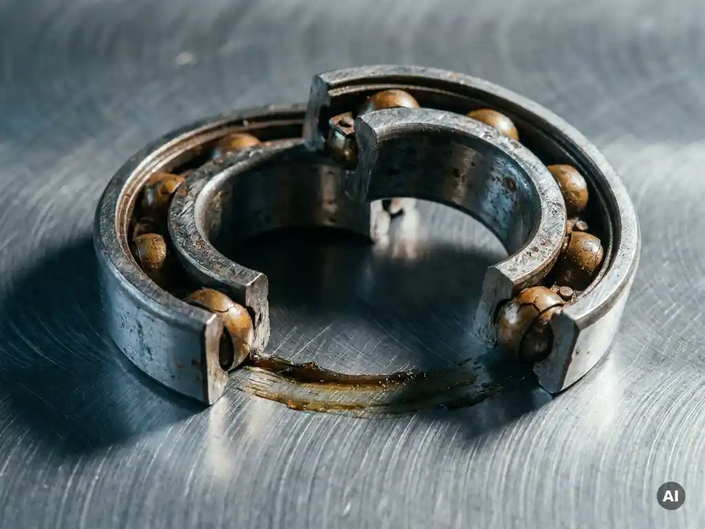 Worn industrial bearing split open showing pitted races, fatigued ball bearings, and degraded grease on machined steel surface.