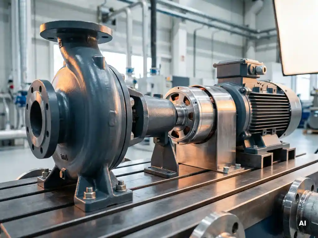 Industrial centrifugal pump connected to an electric motor via magnetic coupling on a steel test bench, macro focus on contactless drive interface.
