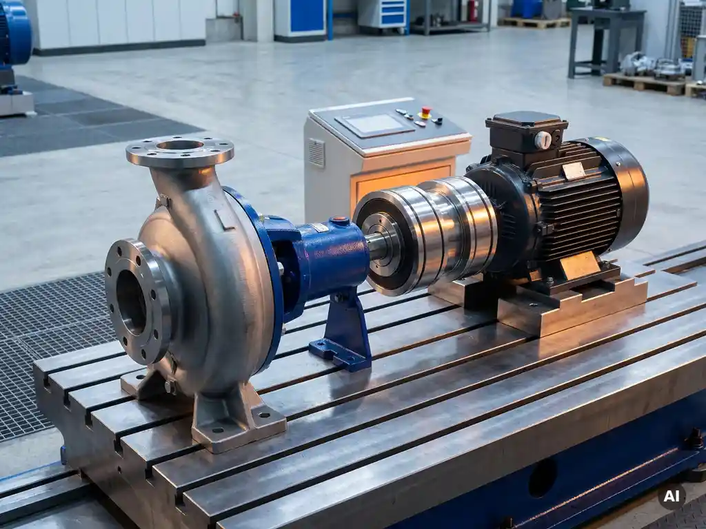 Industrial centrifugal pump on a steel test bench with magnetic coupling between motor and shaft, illuminated by amber accent lighting.