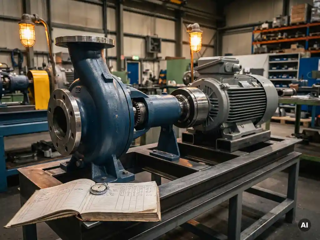 Industrial centrifugal pump with magnetic coupling mounted on steel test bench, technician's logbook and stopwatch tracking uptime on factory floor.