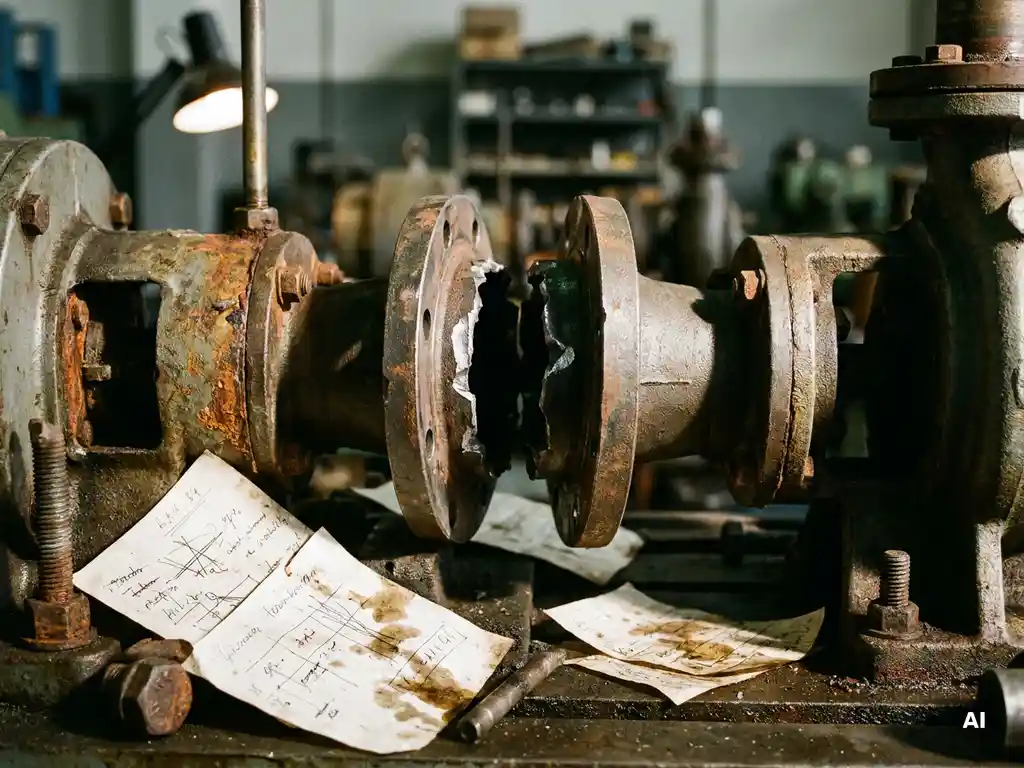 Cracked industrial pump coupling split at the flange joint with visible corrosion on aged steel components on a factory test bench.