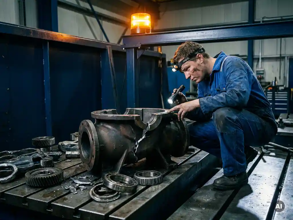 Maintenance engineer in blue coveralls examining a cracked industrial pump housing on a steel workbench, with scattered metal fragments and worn bearings.