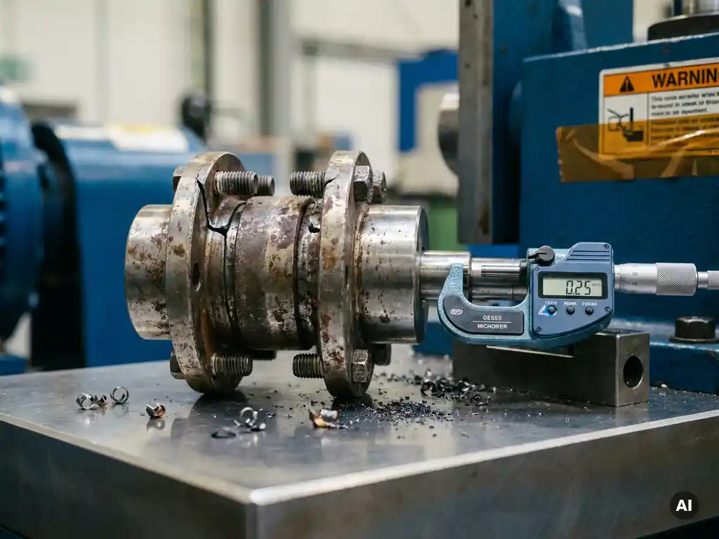 Damaged industrial coupling with misalignment stress marks beside a micrometer gauge on a machined steel surface, metal debris scattered nearby.