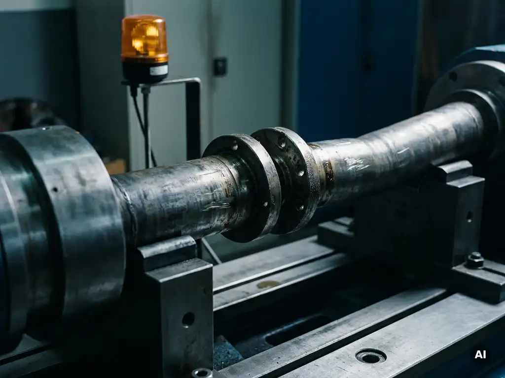 Bent steel drive shaft on industrial test bench with misaligned coupling flanges, oil-stained worn surfaces under amber warning light.