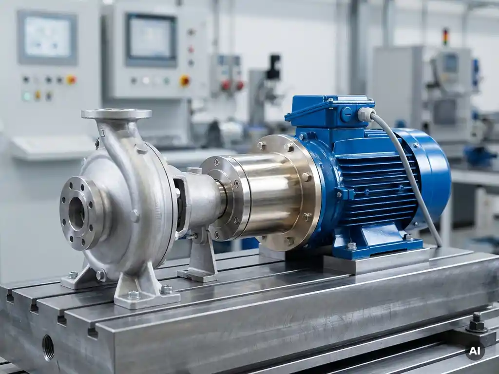 Blue electric motor connected to a centrifugal pump via magnetic non-contact drive assembly on a machined steel test bench.