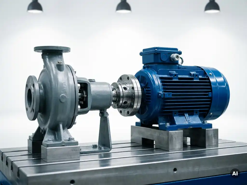 Blue electric motor coupled to a centrifugal pump on a grey steel test bench, torque measurement flange visible between components.