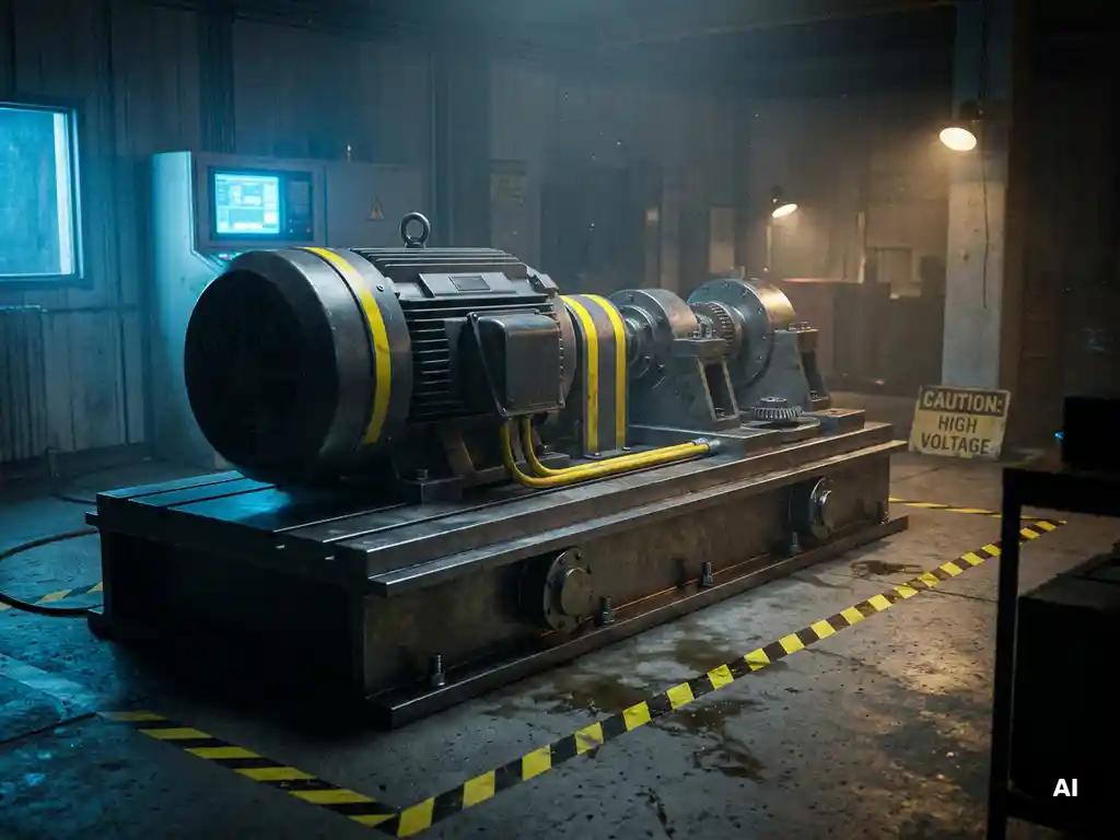 Heavy-duty electric motor on a steel test bench in a dimly lit industrial facility with yellow safety markings and hazard zone floor indicators.