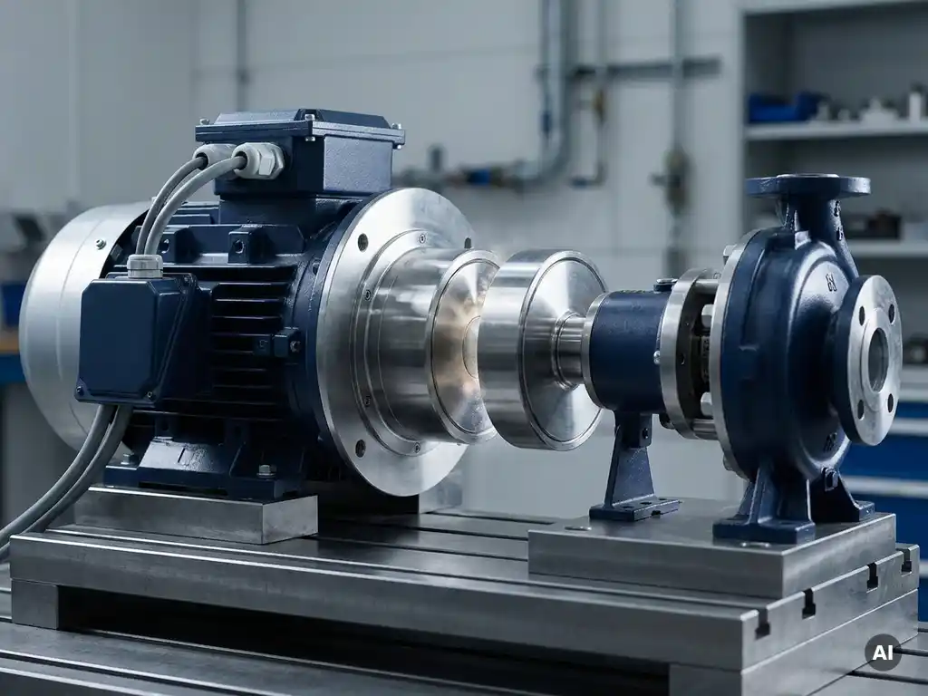Heavy-duty electric motor linked to a centrifugal pump via magnetic non-contact drive coupling on a grey steel test bench, showing air gap detail.