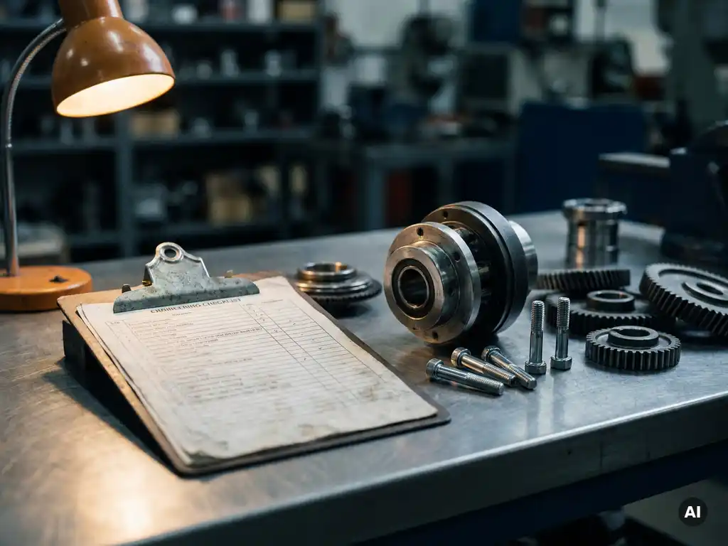 Weathered engineering checklist clipboard on machined steel surface beside a disassembled magnetic drive coupling with chrome bolts.