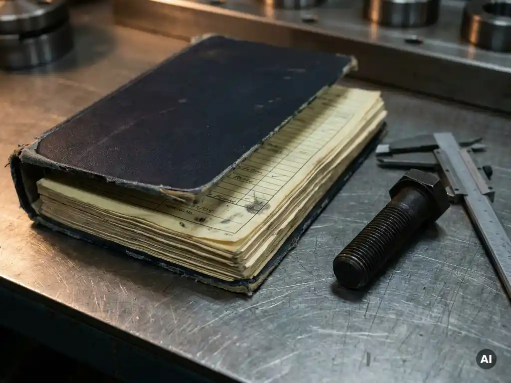Worn engineering binder with inspection checklists beside an industrial bolt and caliper on a machined steel surface.