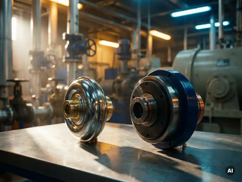 Fluid coupling and magnetic coupling units side by side on machined steel surface in an industrial facility.
