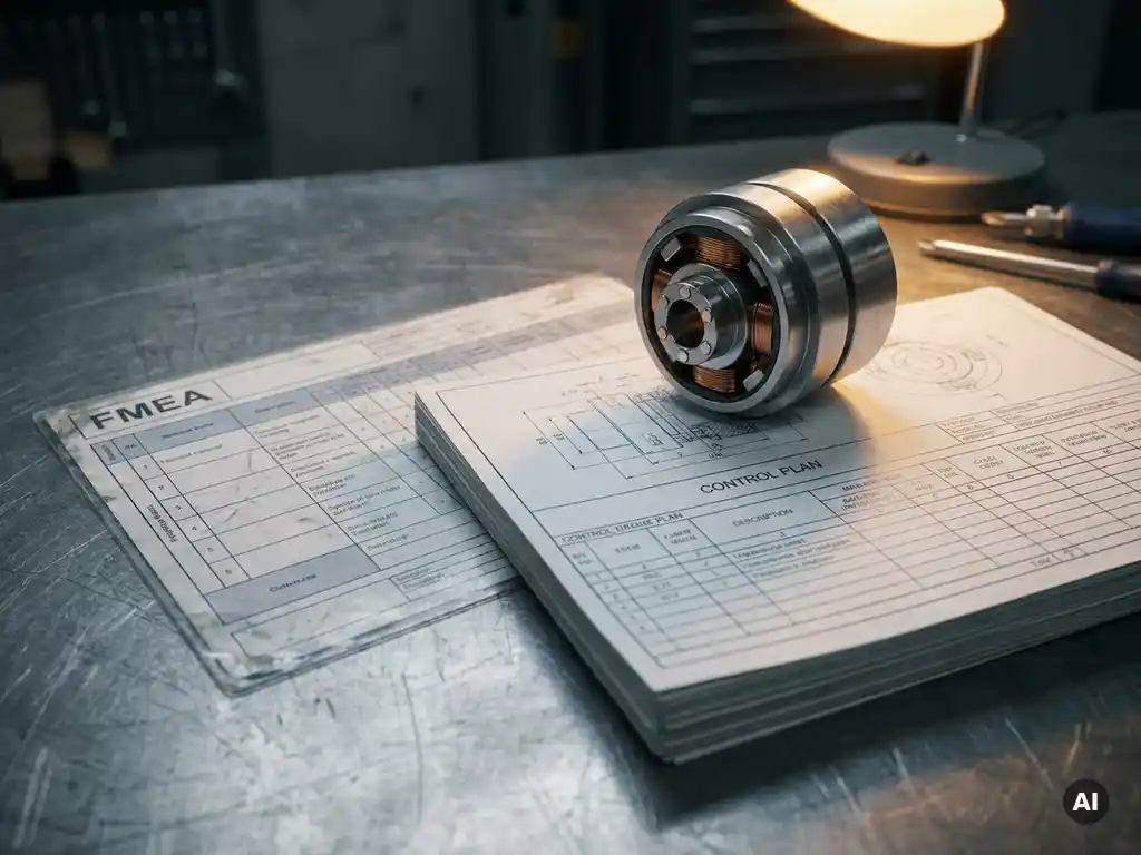 FMEA worksheet and control plan documents on an industrial steel workbench, weighted by a precision magnetic coupling component.