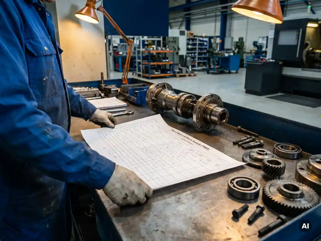 Mechanical engineer spreading an FMEA risk matrix worksheet on a steel workbench beside a disassembled pump coupling and precision metal components.