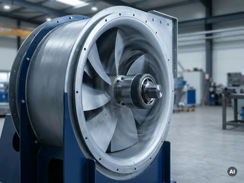 Industrial centrifugal fan with steel blades and magnetic coupling device at shaft connection point on factory floor.