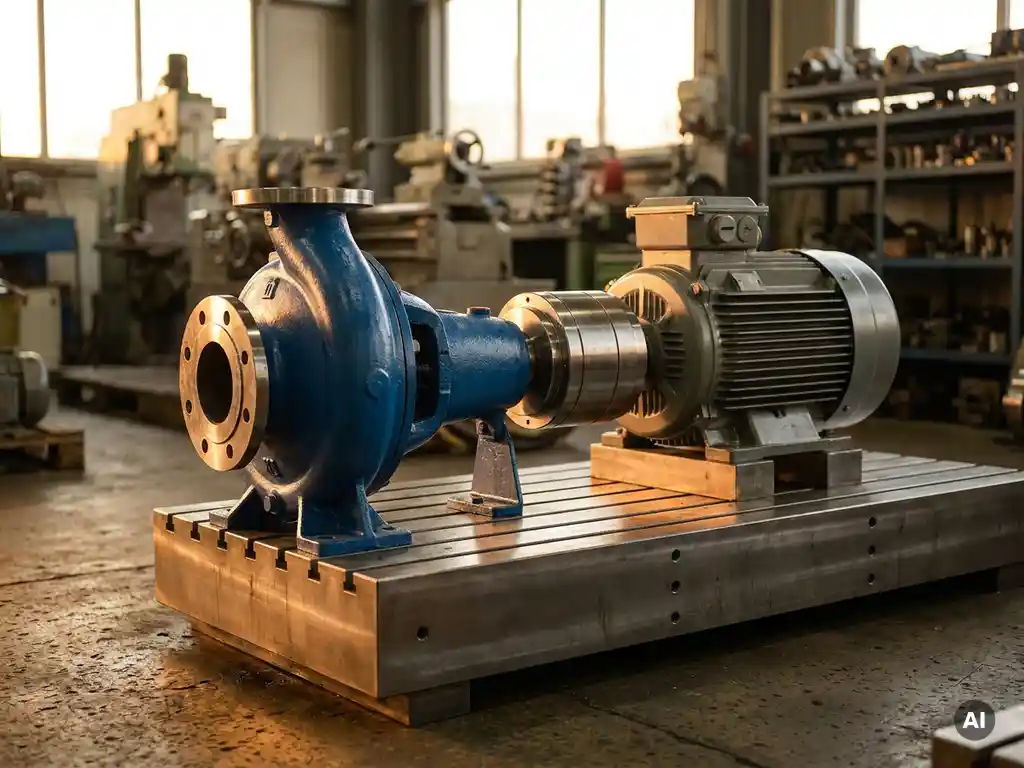 Industrial centrifugal pump connected to an electric motor via magnetic coupling on a steel test bench under warm factory lighting.