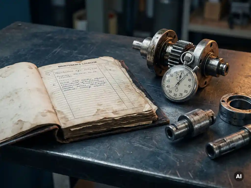 Weathered maintenance logbook open on a steel workbench beside a precision stopwatch and disassembled industrial coupling parts showing wear patterns.