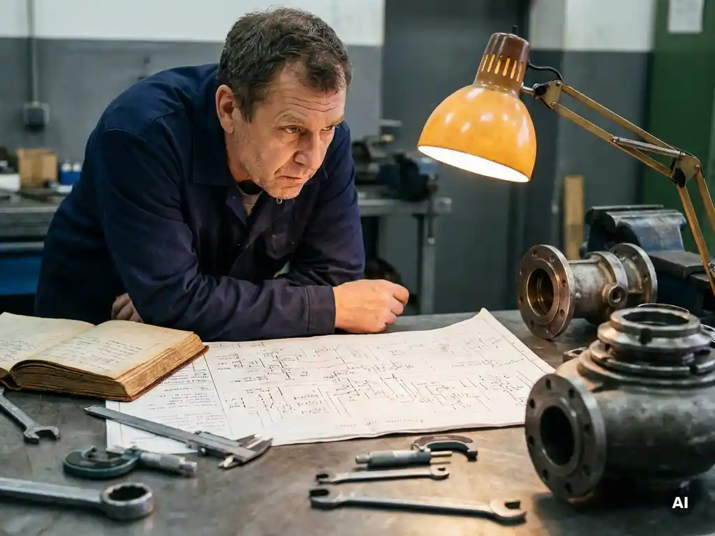 Industrial engineer analyzing a fault diagram on a steel workbench beside a disassembled pump coupling and maintenance logbook.