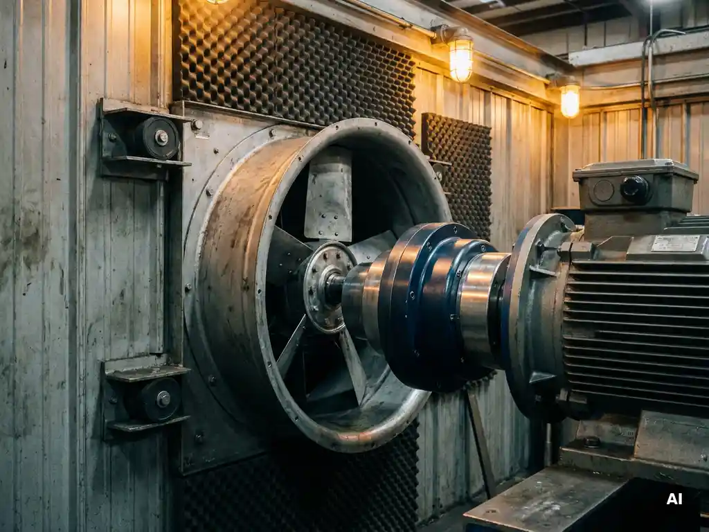 Industrial fan with magnetic drive coupling mounted in grey steel factory wall, surrounded by acoustic foam panels and vibration-dampening mounts.