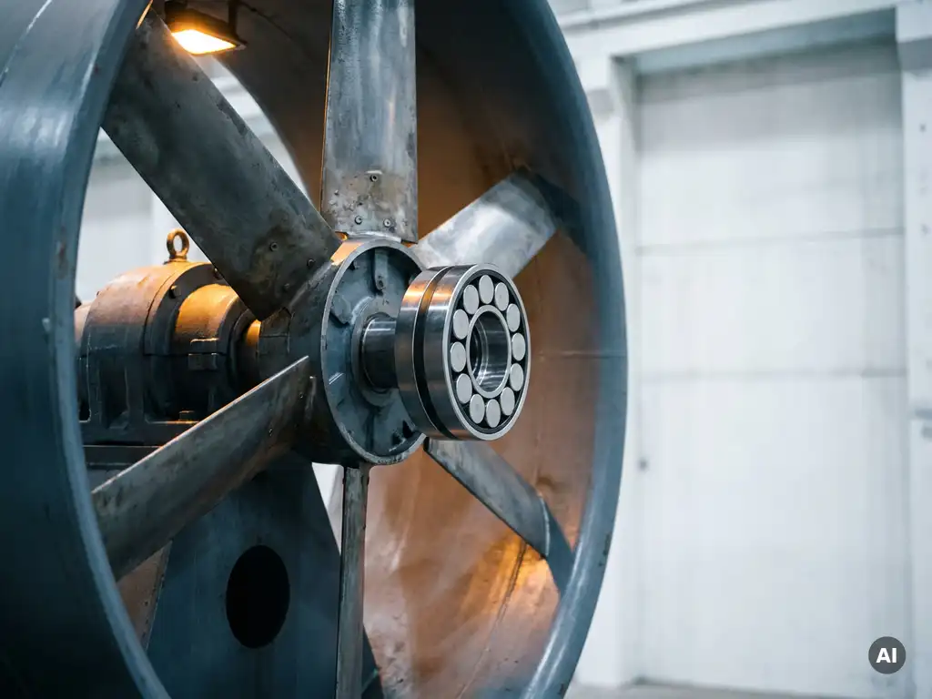 Industrial fan with magnetic drive mechanism at shaft coupling on clean factory floor, steel-blue tones, amber accent lighting.