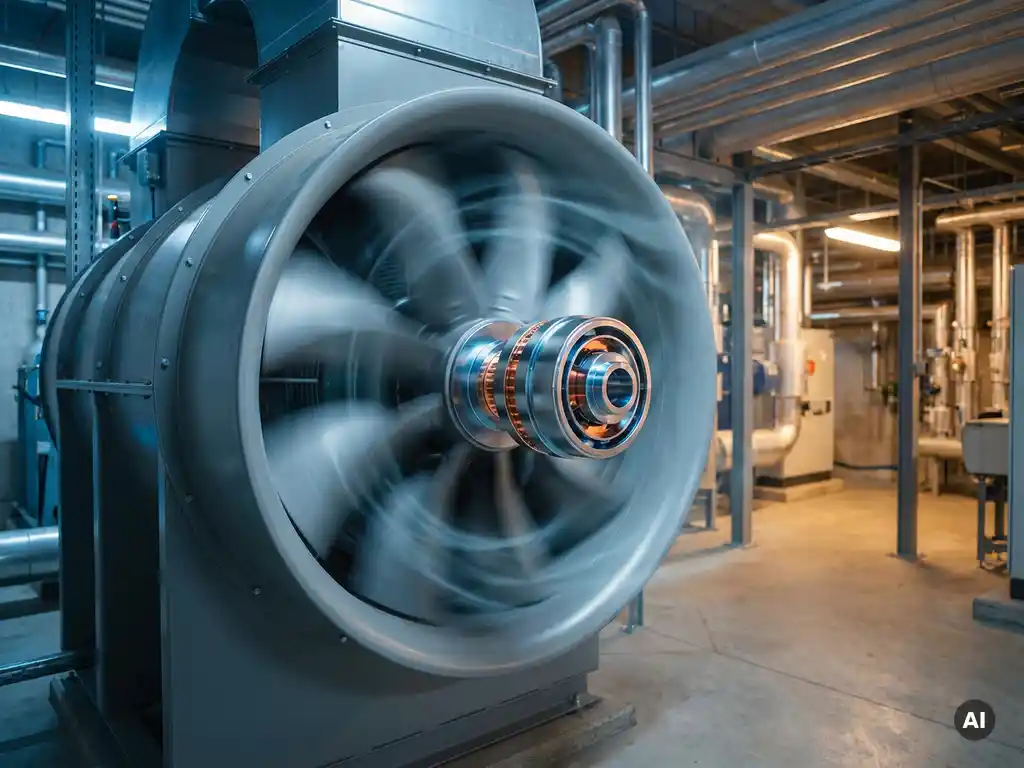 Industrial HVAC fan unit with magnetic drive hub in a mechanical plant room, motion-blurred blades contrasting with precision non-contact mechanism.
