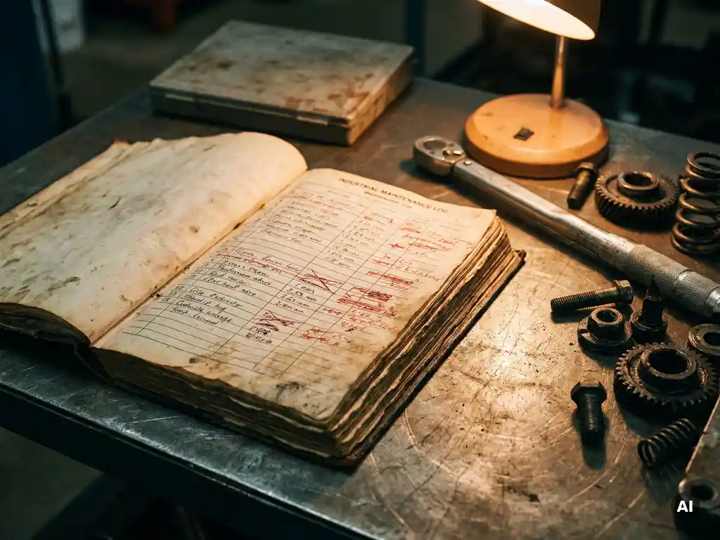 Weathered industrial maintenance logbook open on a steel workbench with red ink corrections, torque wrench, and worn mechanical components alongside.