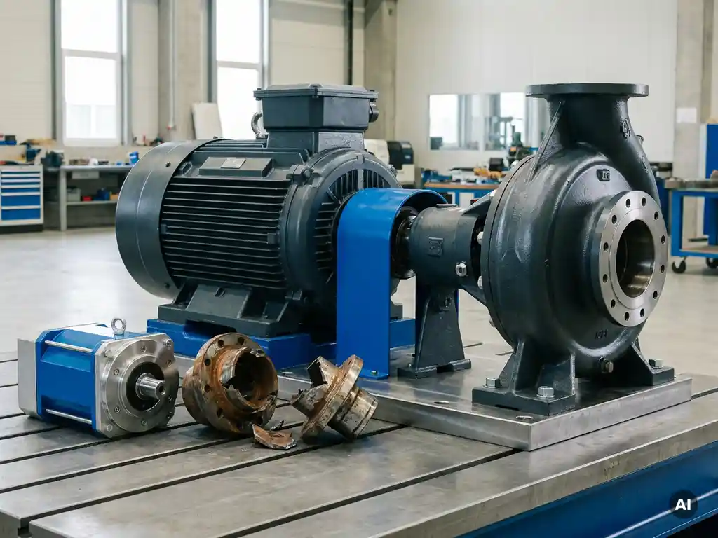 Industrial electric motor paired with centrifugal pump on steel test bench, cracked coupling beside intact magnetic drive unit highlighting failure versus reliability.