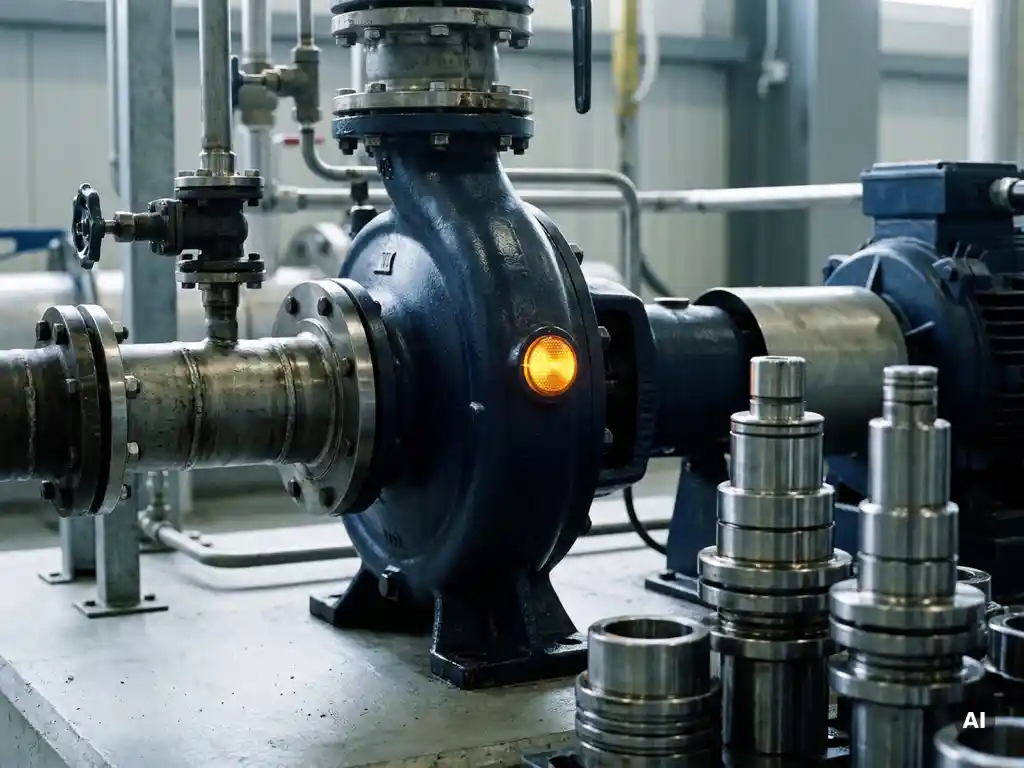 Heavy-duty industrial pump with glowing amber status indicator light, surrounded by steel pipes and precision-machined components on a factory floor.