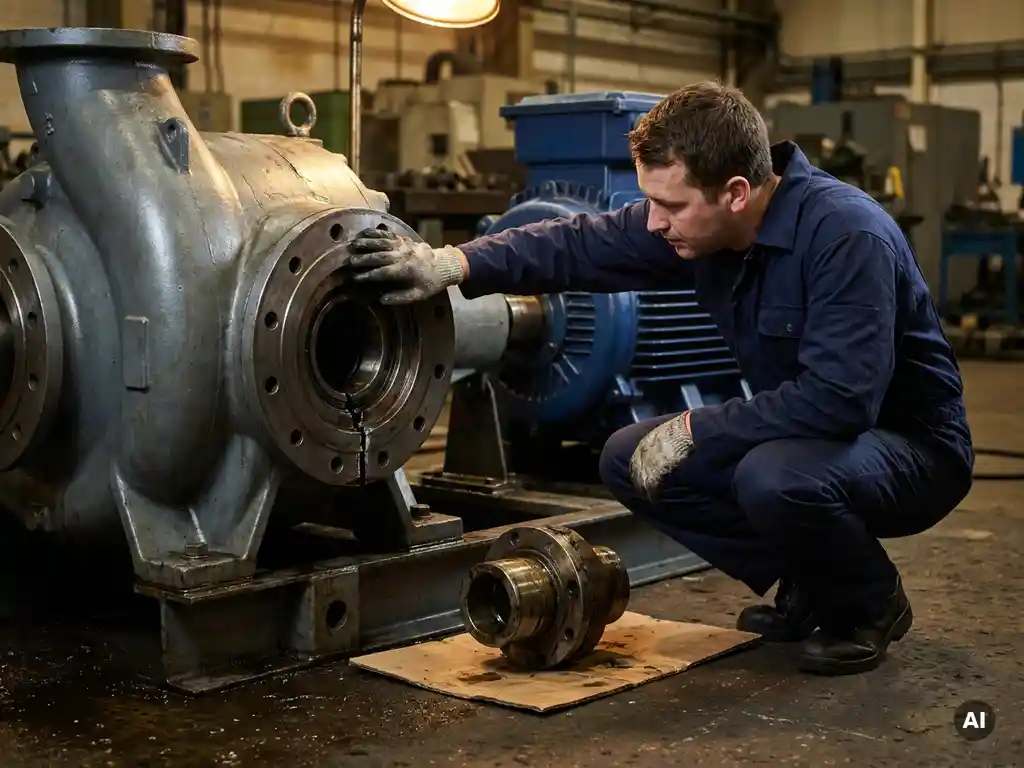 Maintenance engineer inspecting cracked bearing housing on industrial pump assembly, worn coupling component nearby on oil-stained factory floor.