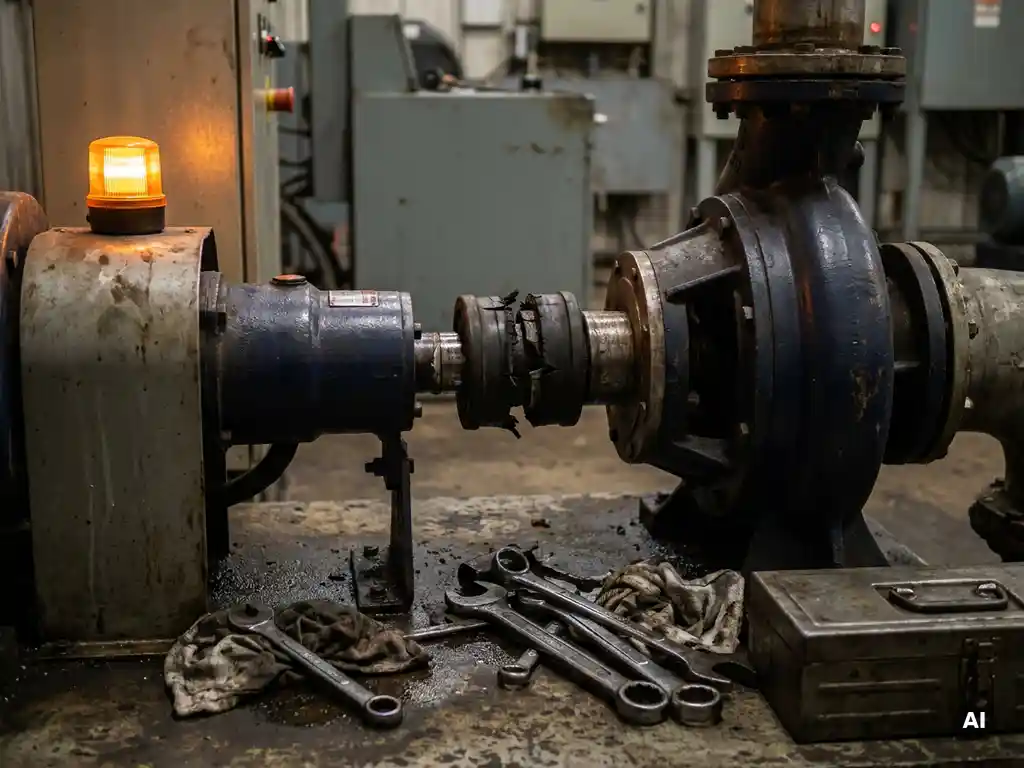 Heavy industrial pump on a factory floor with a cracked rubber coupling at the shaft connection, maintenance tools nearby, amber warning light glow.