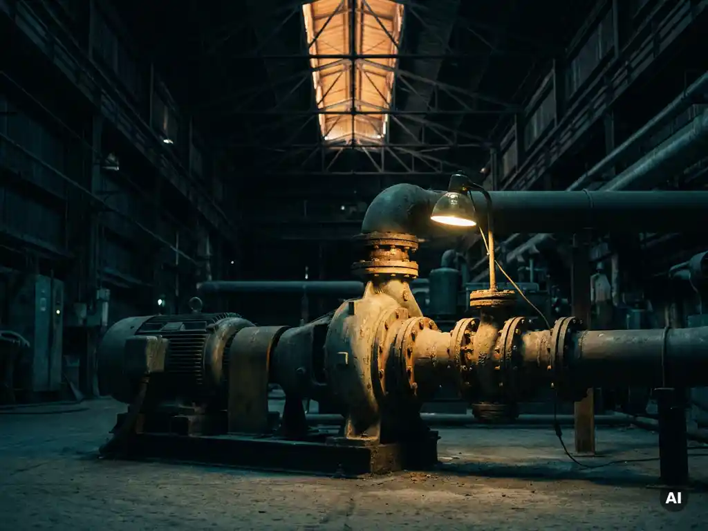 Heavy industrial pump on a steel factory floor, lit by a single maintenance lamp casting warm amber light on corroded metal fittings and flanges.
