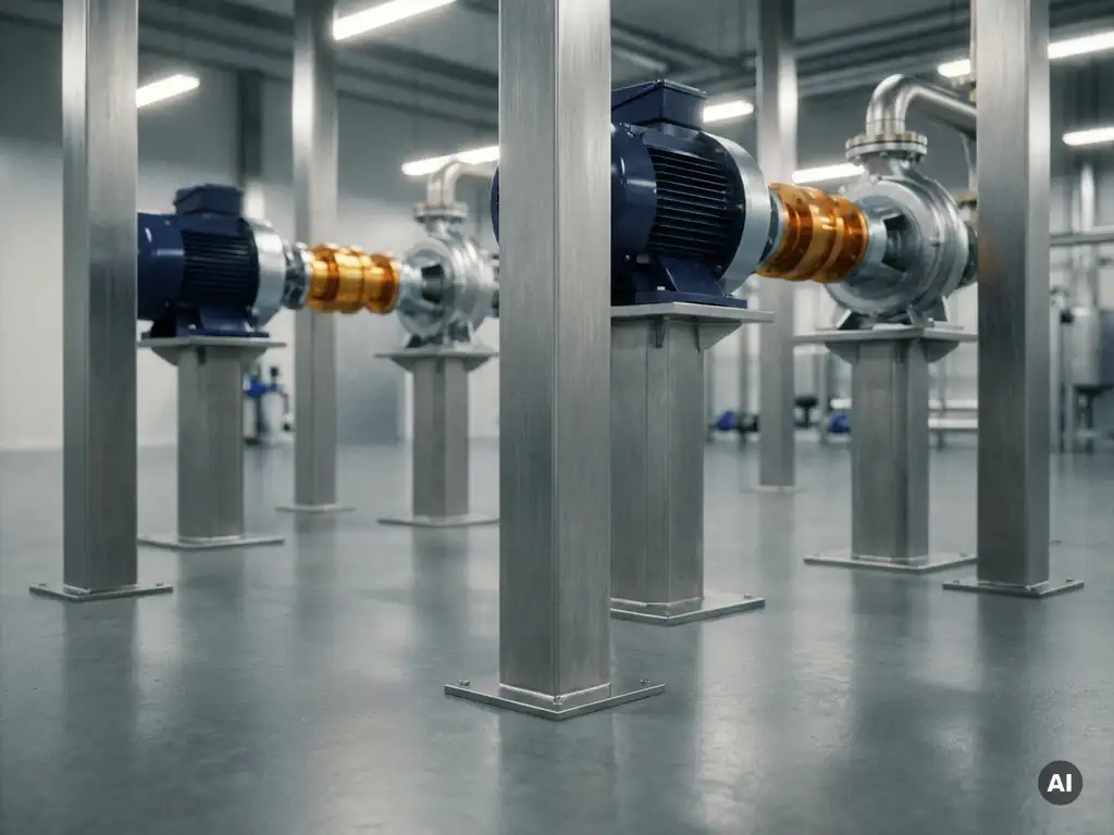 Factory floor with four symmetrical steel columns supporting industrial pump assemblies connected by magnetic coupling components.