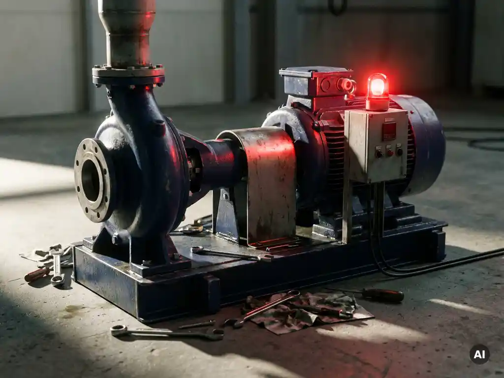 Industrial pump and motor assembly halted on a factory floor, red warning light glowing over steel surfaces with scattered maintenance tools nearby.