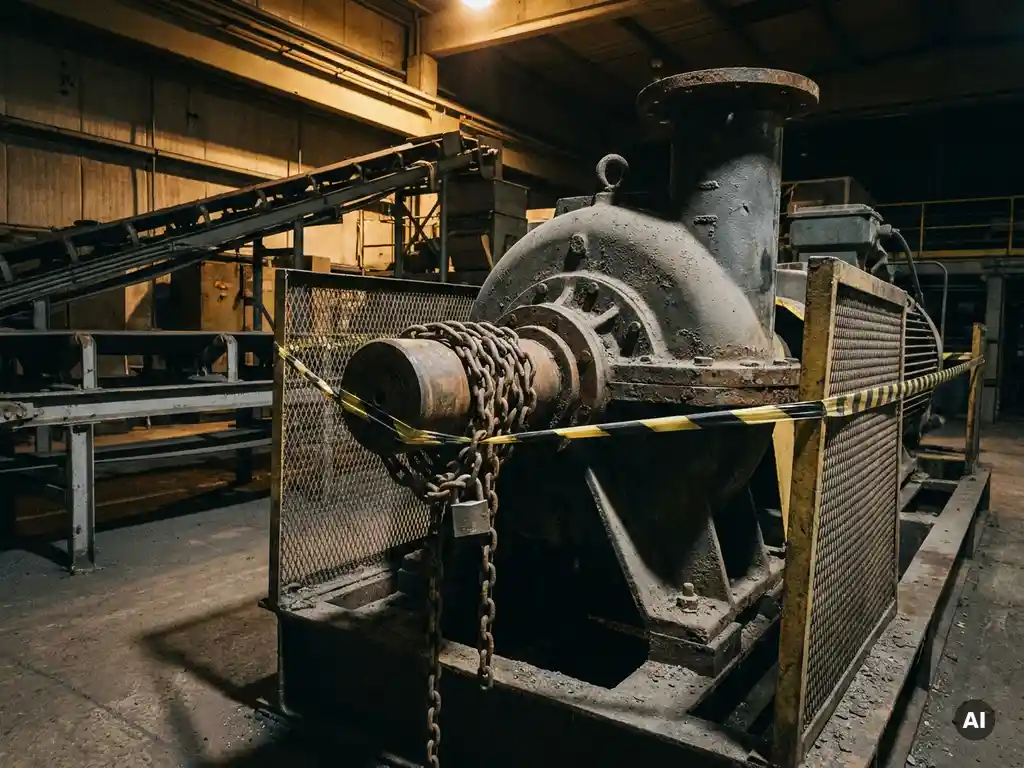 Idle industrial pump secured with chain and padlock on a factory floor, caution tape stretched across halted machinery in dramatic shadow.