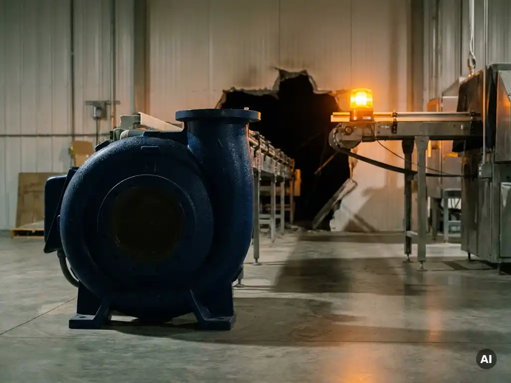 Industrial pump idle on factory floor, amber warning light casting shadows over navy blue machinery with condensation on cold metal surfaces.