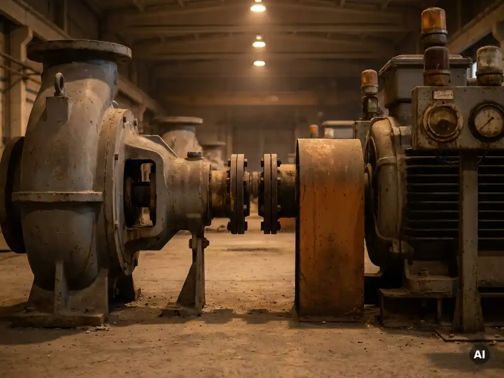 Idle industrial pump on a factory floor with a visible coupling gap between motor and shaft, lit by dim warehouse lighting.