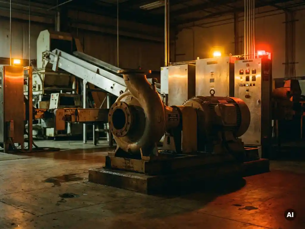 Idle industrial pump on a factory floor with amber warning lights casting dramatic shadows across oil-stained concrete and steel surfaces.