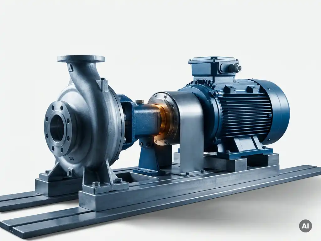 Industrial pump and motor assembly on steel test bench with magnetic coupling component separating, shot in cool blue-grey studio lighting.