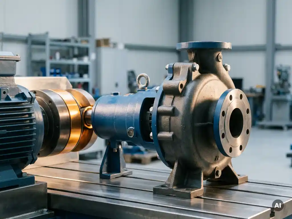 Industrial pump on steel test bench with amber-glowing magnetic drive coupling connecting motor to pump shaft.