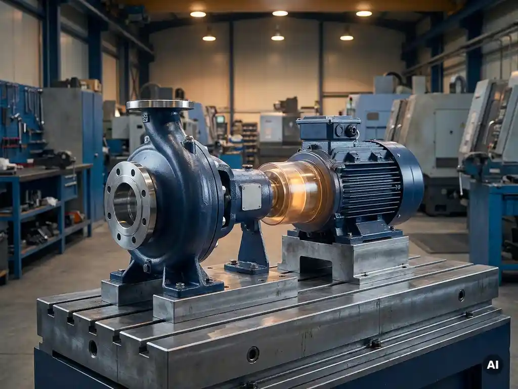 Heavy-duty industrial pump on a steel test bench with a magnetic drive coupling glowing amber at the connection point.