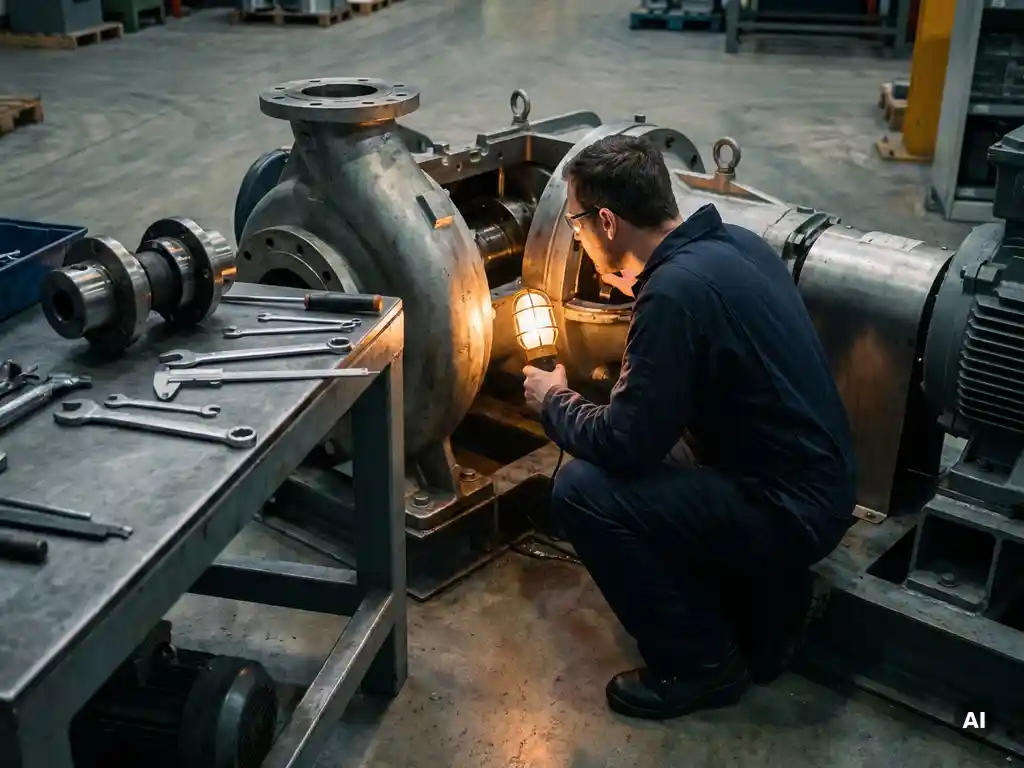 Maintenance engineer crouching beside a disassembled industrial pump on a factory floor, inspecting internal components with precision tools nearby.
