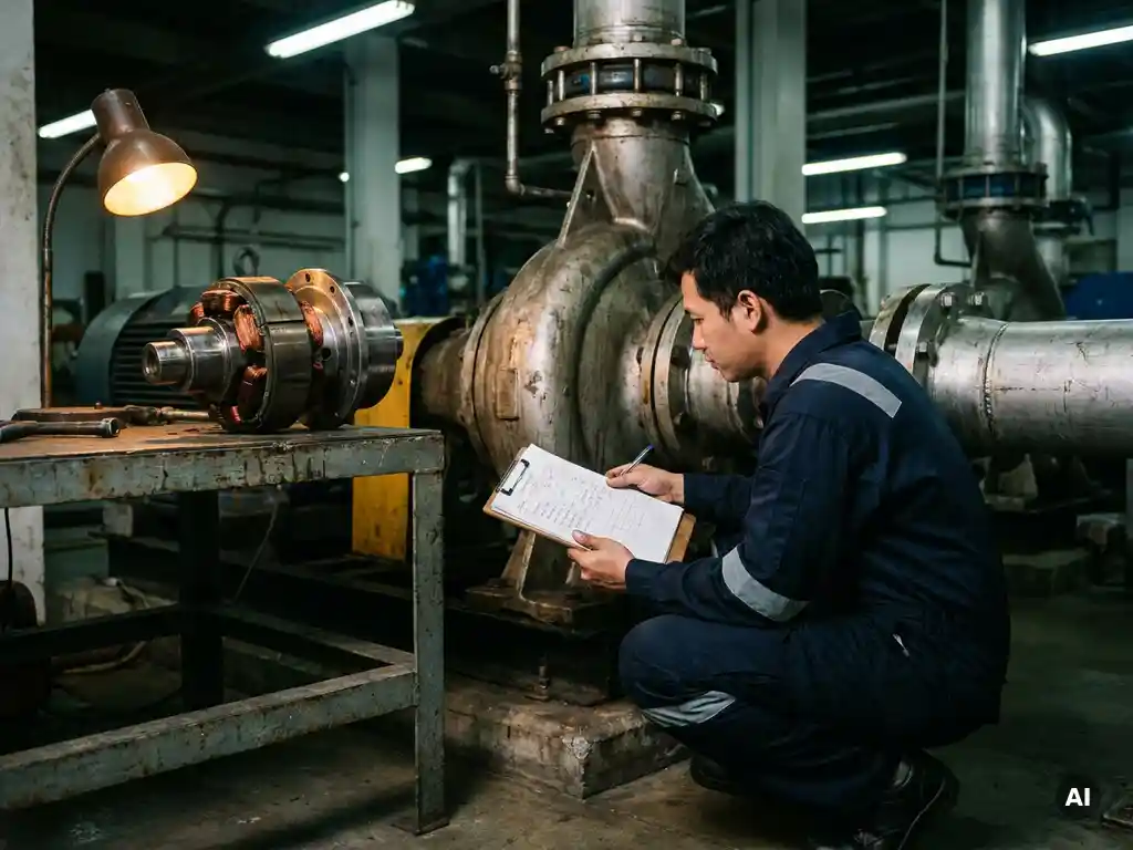 Maintenance technician crouching beside an industrial pump on a factory floor, reviewing repair logs on a clipboard near a disassembled magnetic drive coupling.