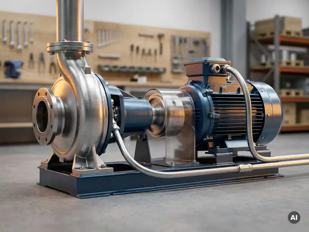 Industrial pump and motor assembly on a factory floor, featuring a magnetic coupling and polished silver components under warm amber lighting.
