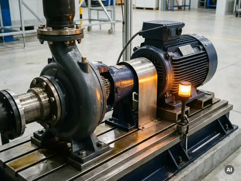 Heavy-duty industrial pump and electric motor assembly on a precision machined steel test bench, lit with warm amber accents on a clean factory floor.