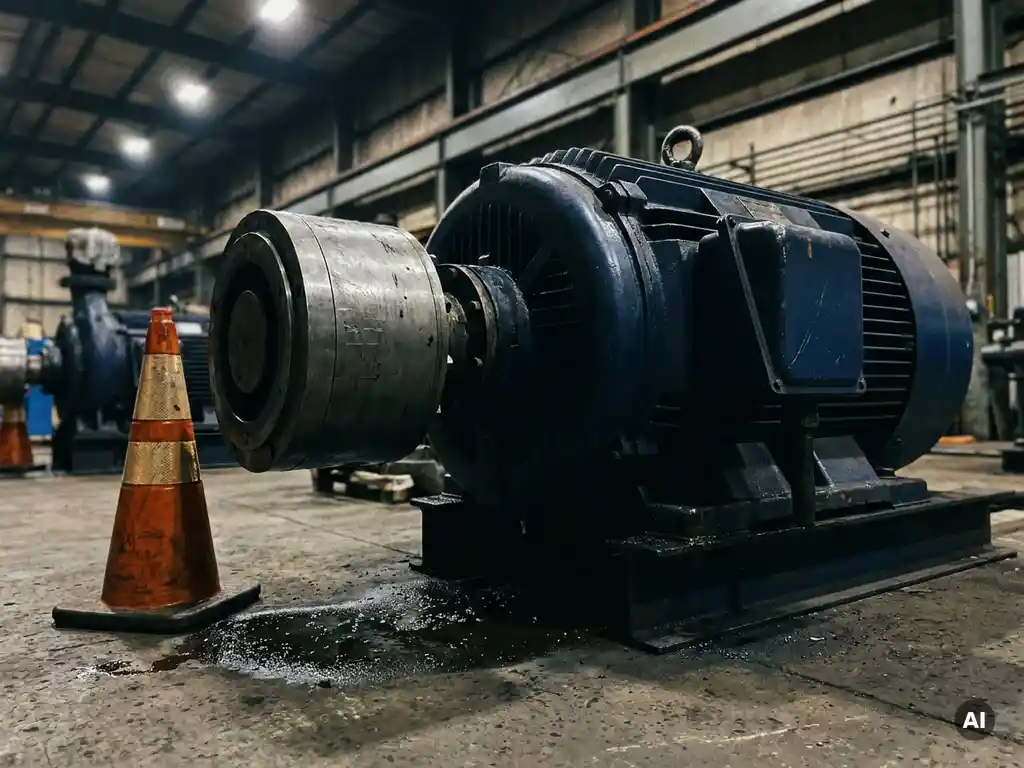 Idle industrial pump motor on a factory floor with an amber caution cone, showing oil stains and worn bolt marks under overhead lighting.