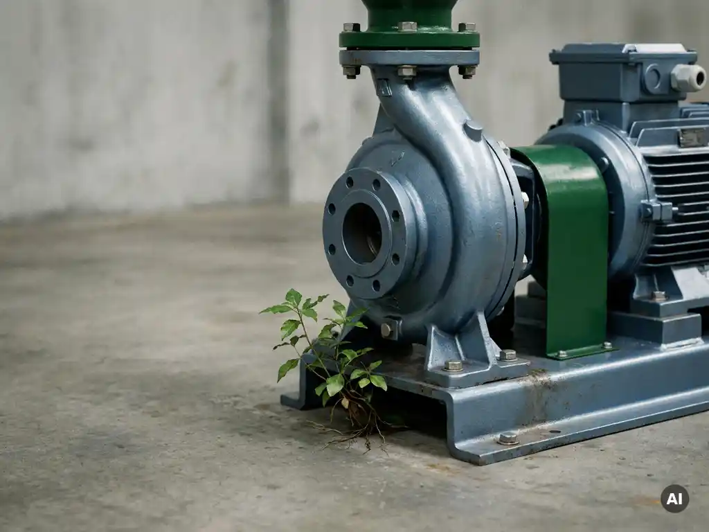 Industrial pump and motor assembly on a factory floor with a green plant growing from its base, symbolizing sustainable manufacturing.