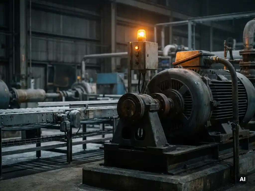 Idle industrial pump motor on factory floor with frozen conveyor belt and amber warning light casting shadows across steel machinery.