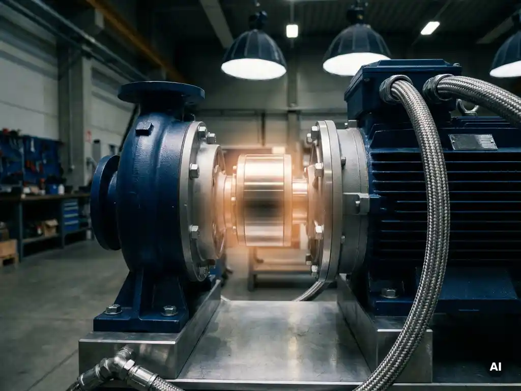 Industrial pump and motor assembly linked by magnetic coupling on steel test bench, amber glow highlighting active energy flow.