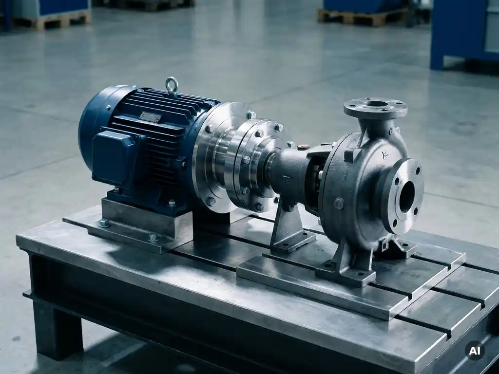Precision-machined industrial pump and motor assembly on a steel test bench, showing motor, magnetic coupling flange, and pump in sequence.